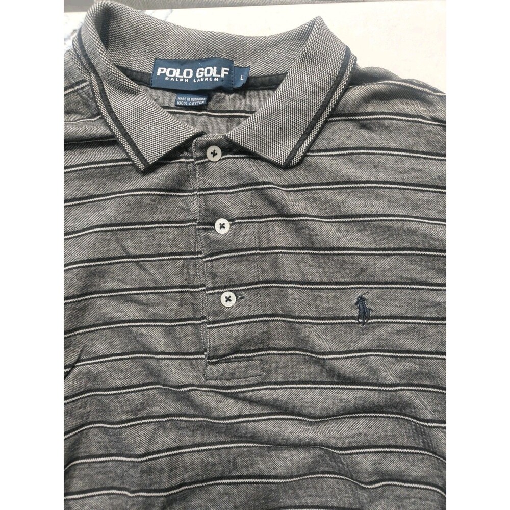 Vintage Polo Ralph Lauren Polo Shirt Mens Large Grey Black Striped Cotton Golf